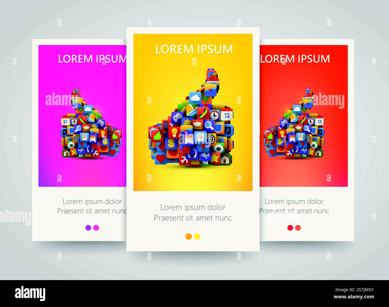 Thumb silhouette with many application icons banner set. Yes symbol ...
