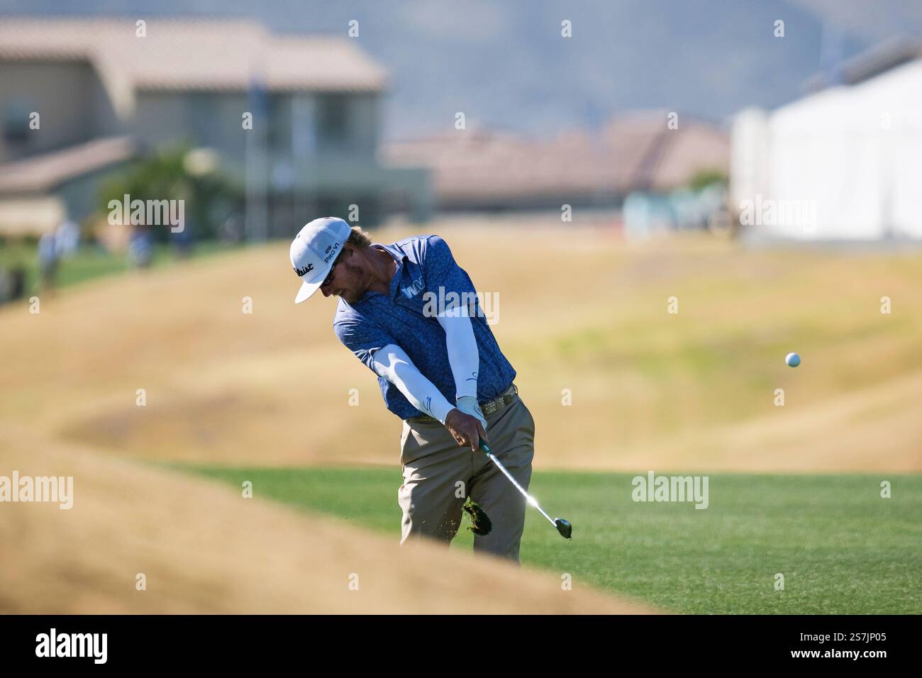 Charley Hoffman hits from the first fairway at the Pete Dye Stadium