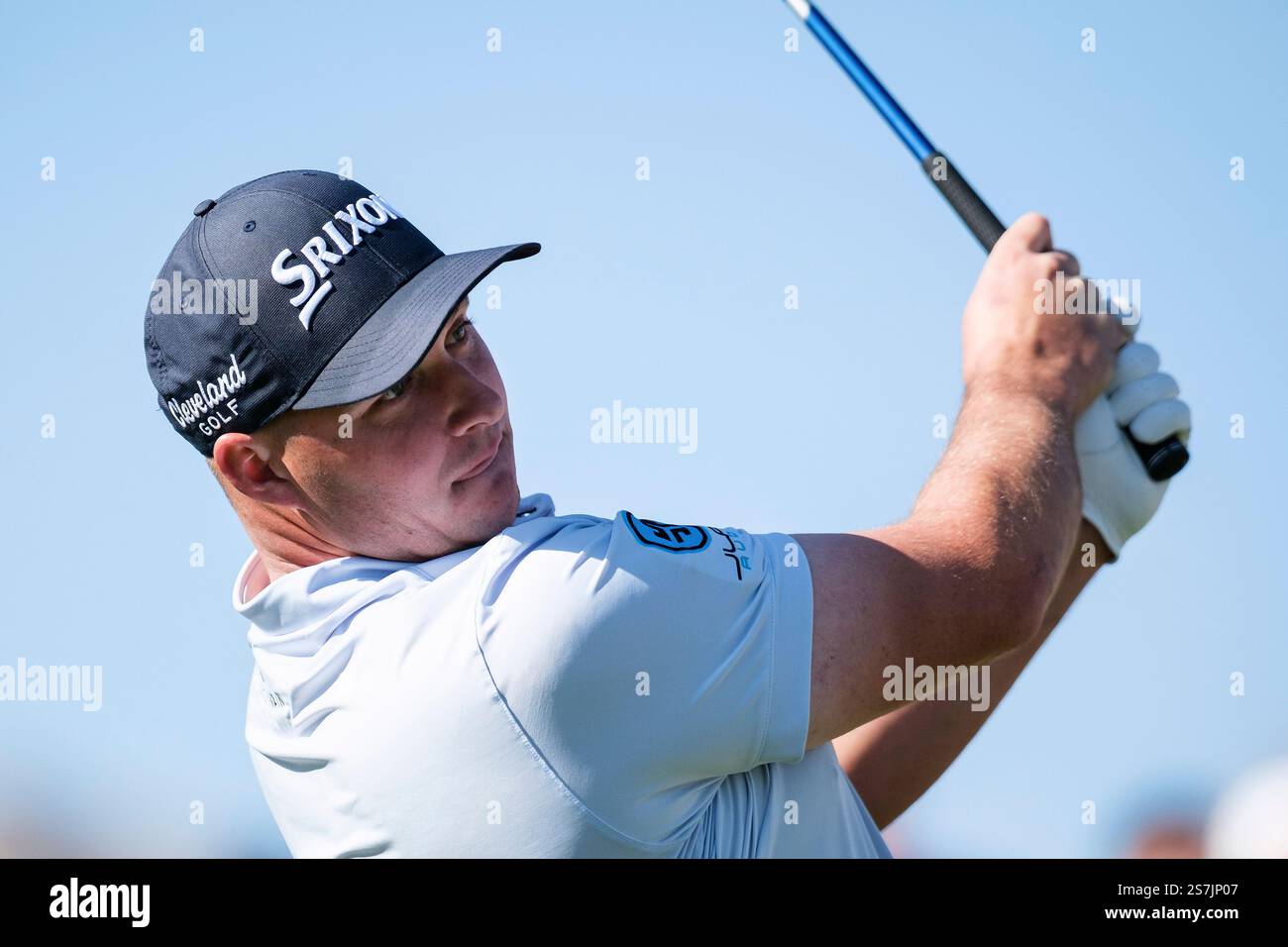 Sepp Straka hits from the first tee at the Pete Dye Stadium Course