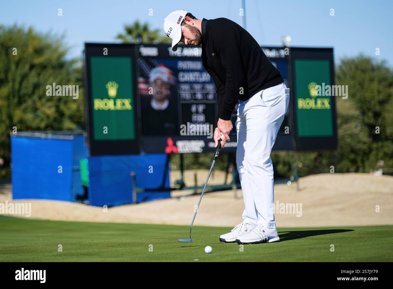 Patrick Cantlay putts on the seventh hole at the Pete Dye Stadium