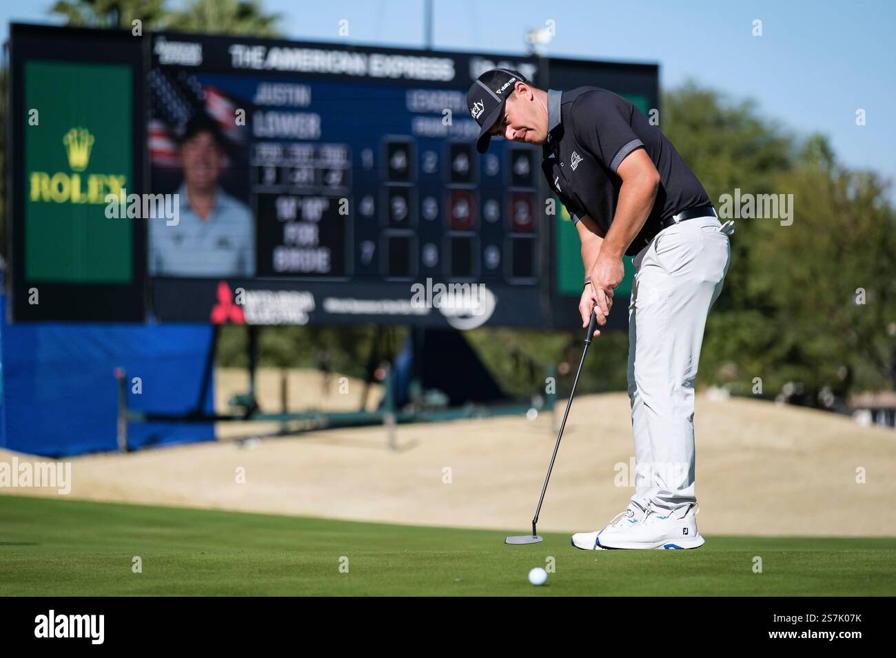 Justin Lower putts on the seventh hole at the Pete Dye Stadium Course during the final round of