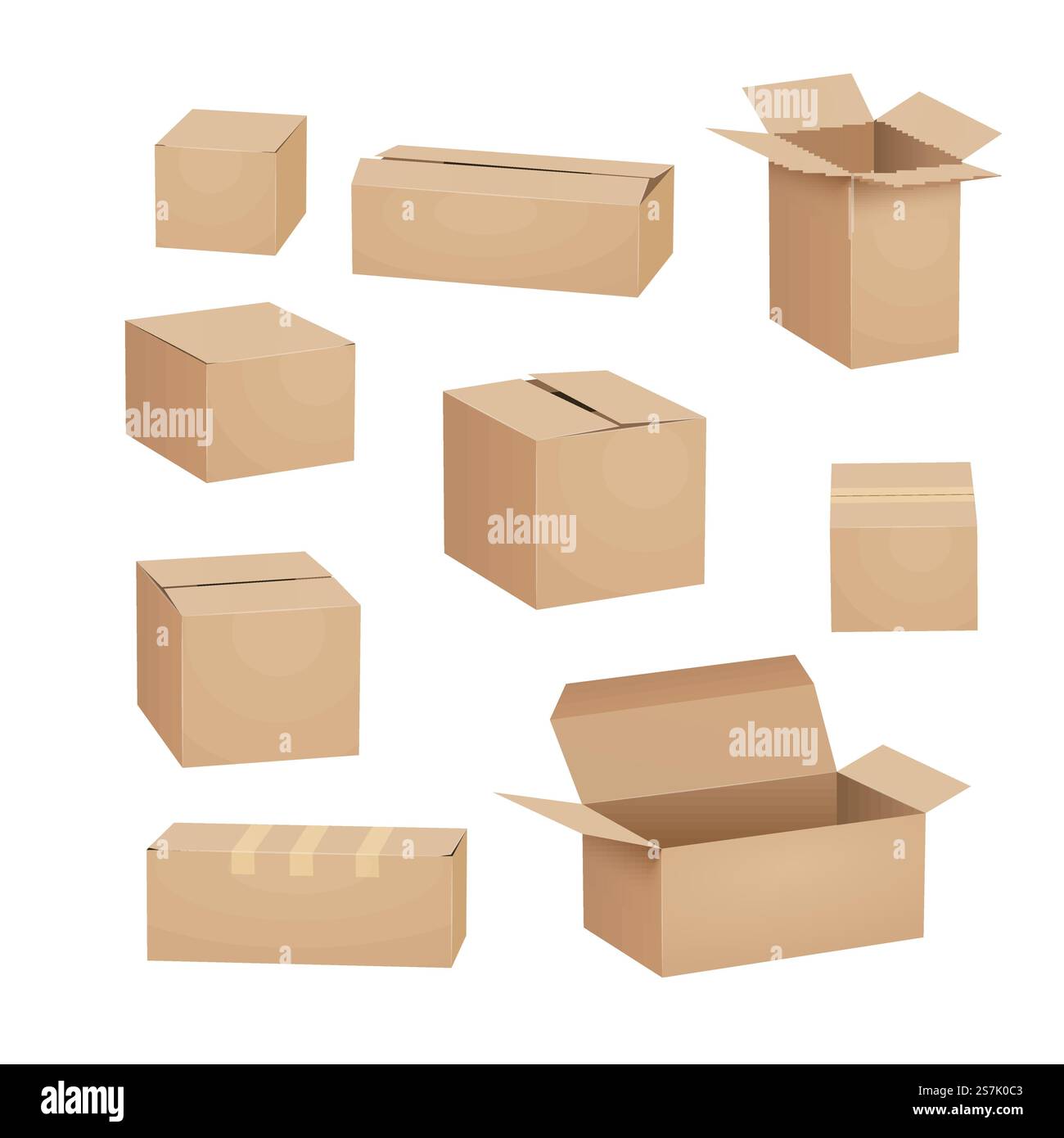 Package Set Layout Cardboard box carton package set. Shipping delivery box mockup cargo ...
