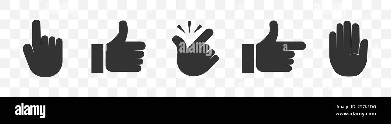 Set of hand icons: click, thumb up, snap, pointer, stop Stock Vector