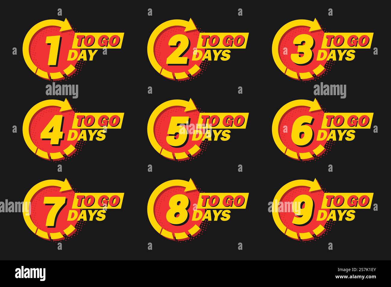 Collection of number days left countdown with arrow and halftone stock
