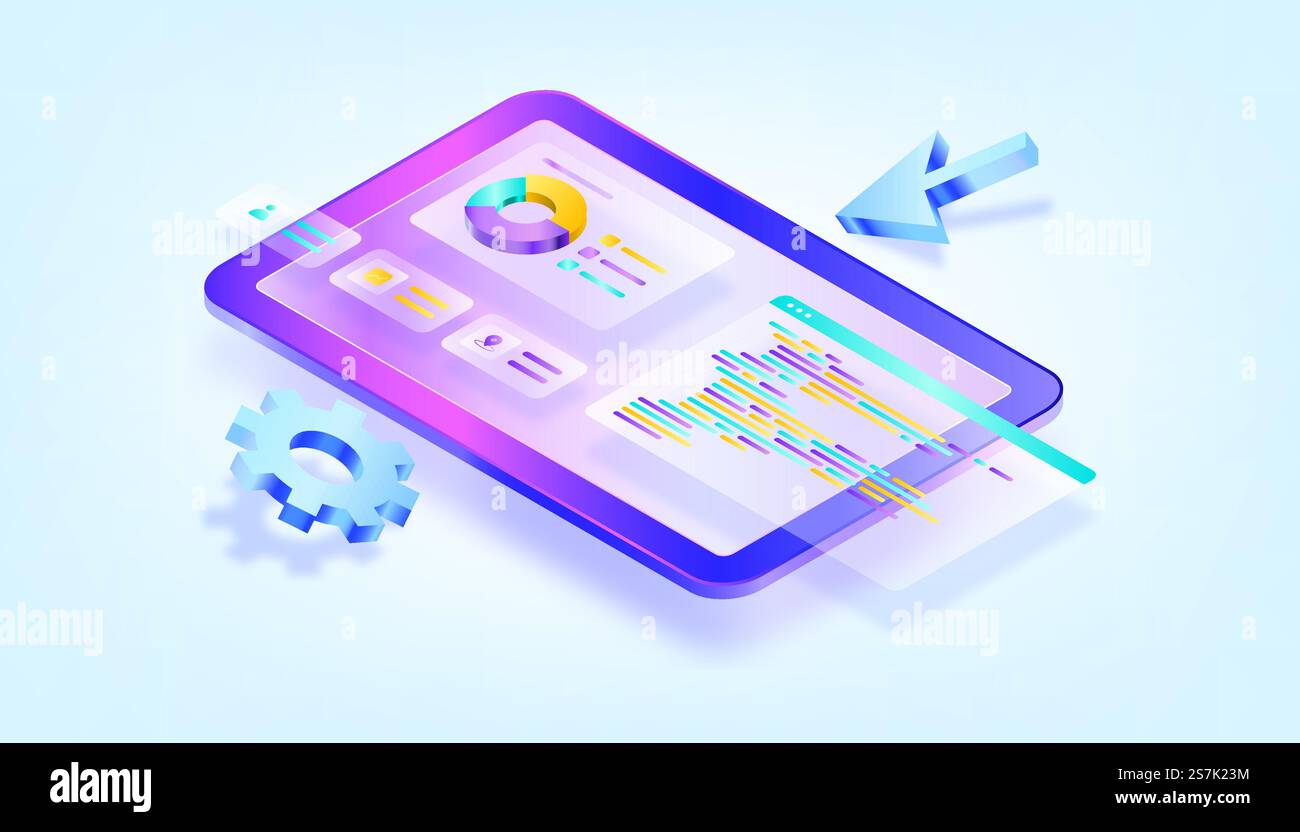 Website programming and coding. Web development and coding. 3D Gradient Isometric Illustrations. Suitable for ui, ux, web, mobile, banner and infographic. Stock Vector