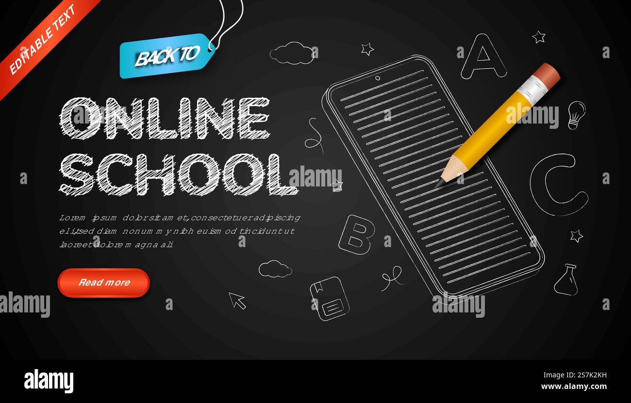 Back to online school background with editable text effect and icon chalk style on black board. 3d Pencil Illustration. Stock Vector