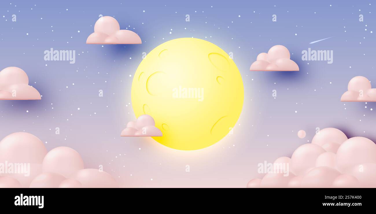 Full moon with starry night background in paper 3d art style and pastel ...