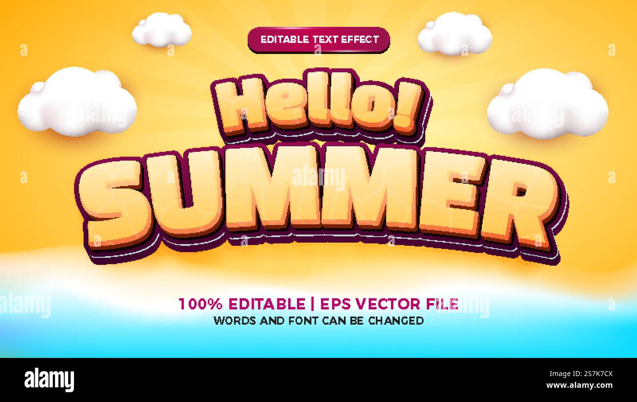Hello Summer banner template with 3d beach cartoon style orange ...