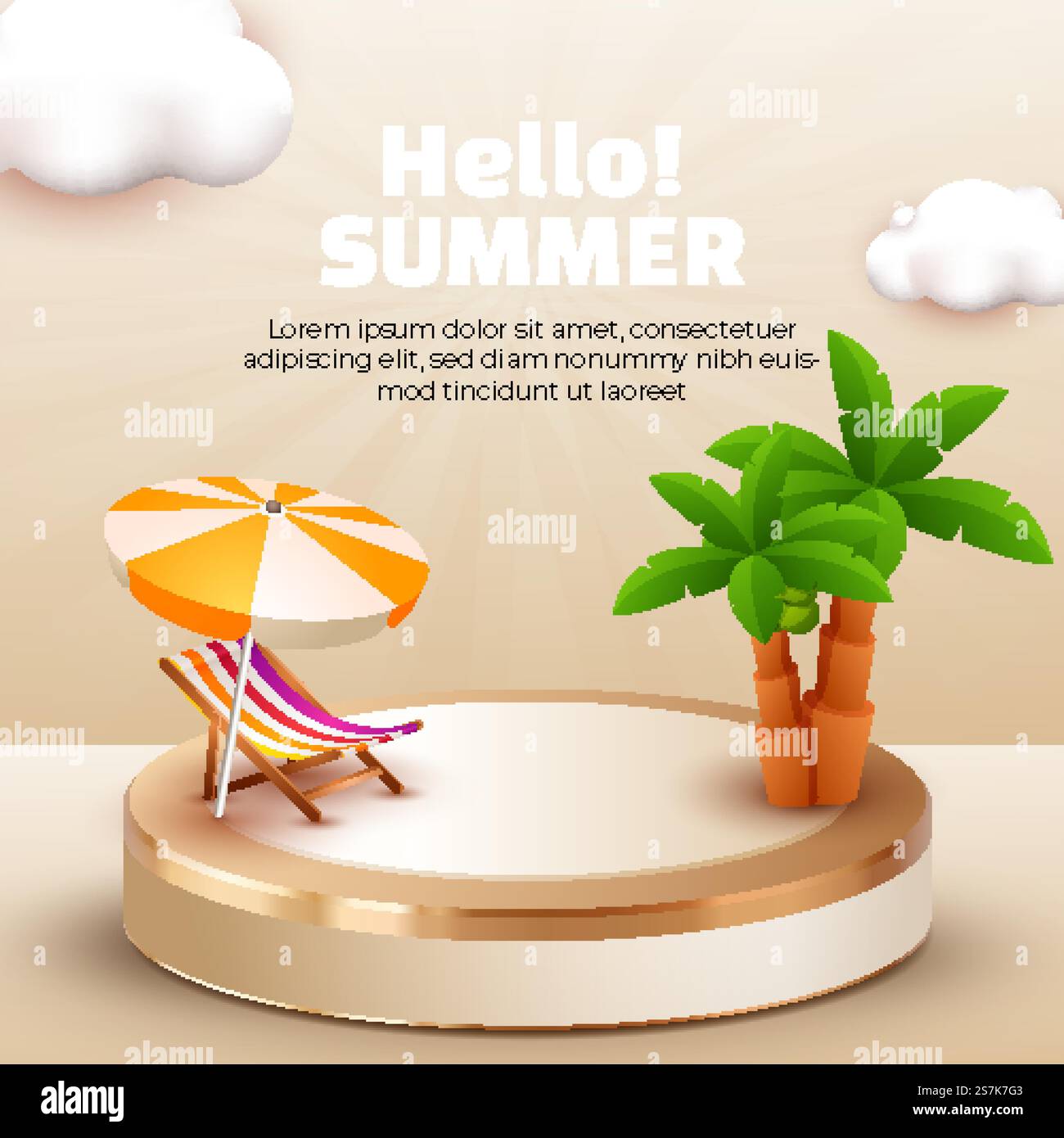 Hello Summer with 3d podium coconut tree and cloud for summer banner ...