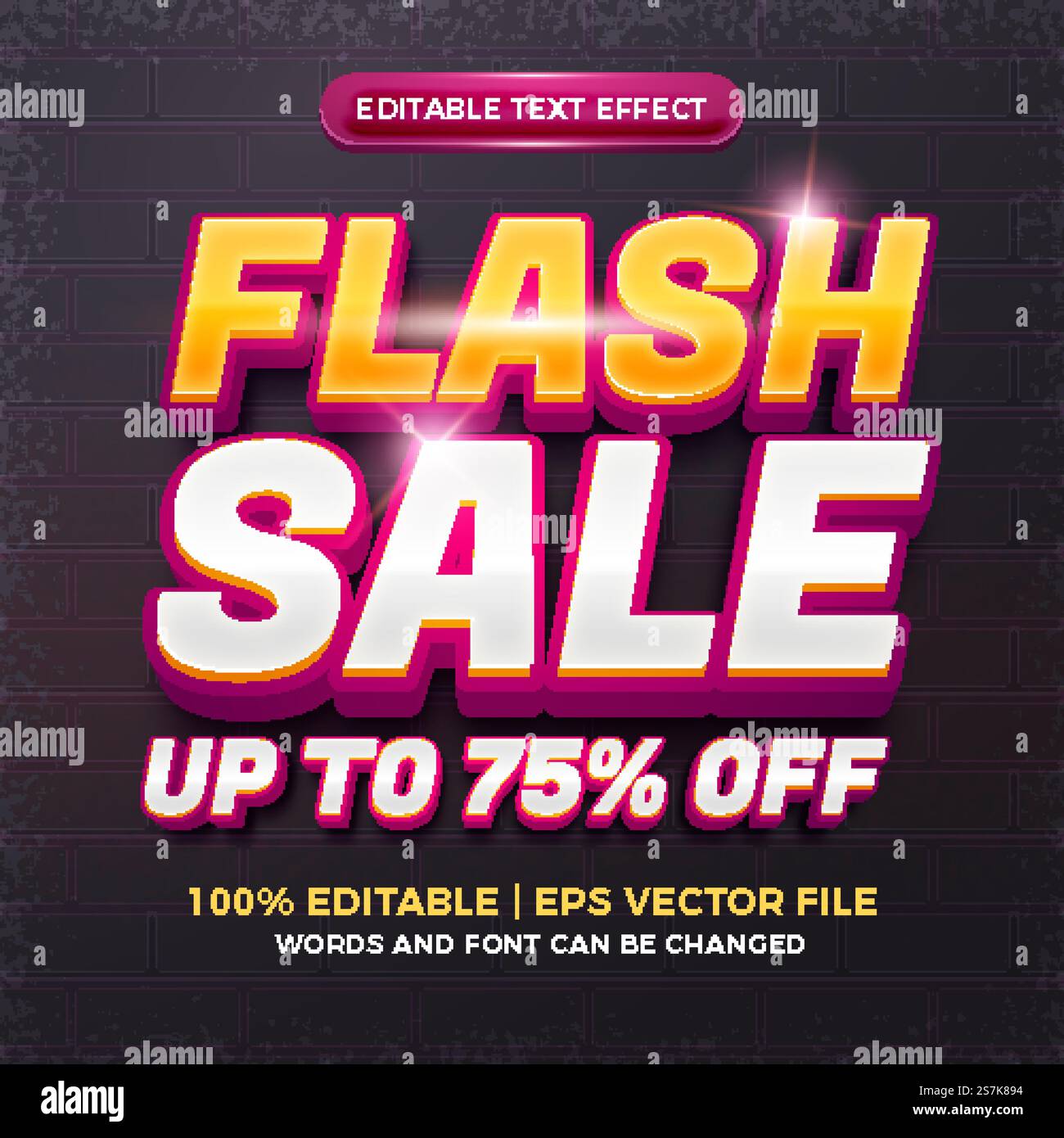 flash sale up to 75% off 3d editable text effect Stock Vector
