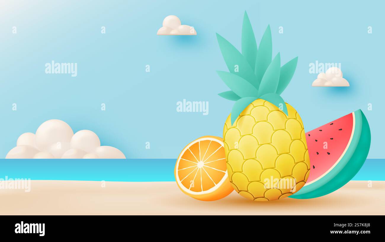 Color Scheme Rfuits Tropical fruits with beach background in cute 3d art style and pastel ...