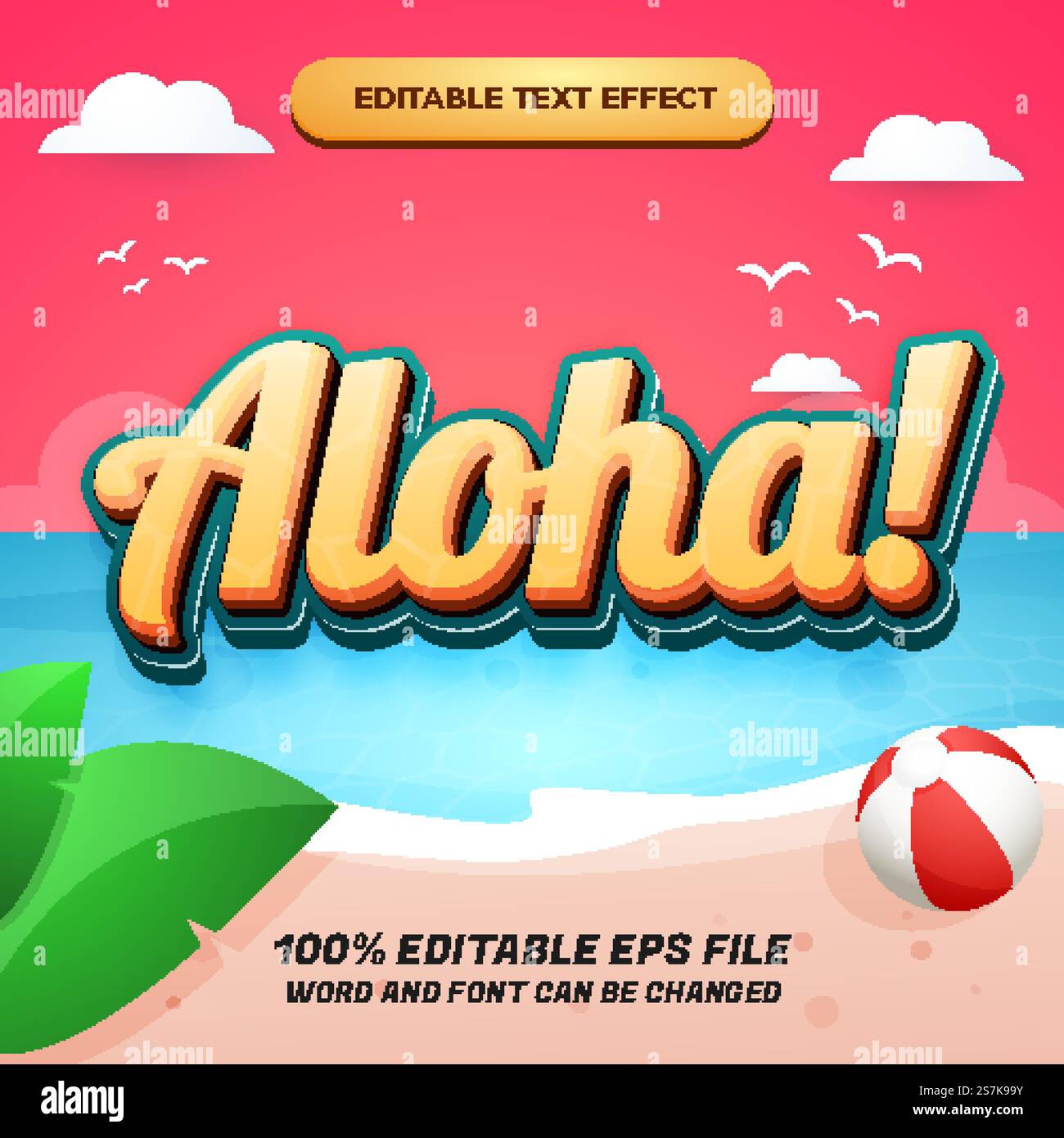 Aloha editable text effect with beautifull sunset beach background Stock Vector