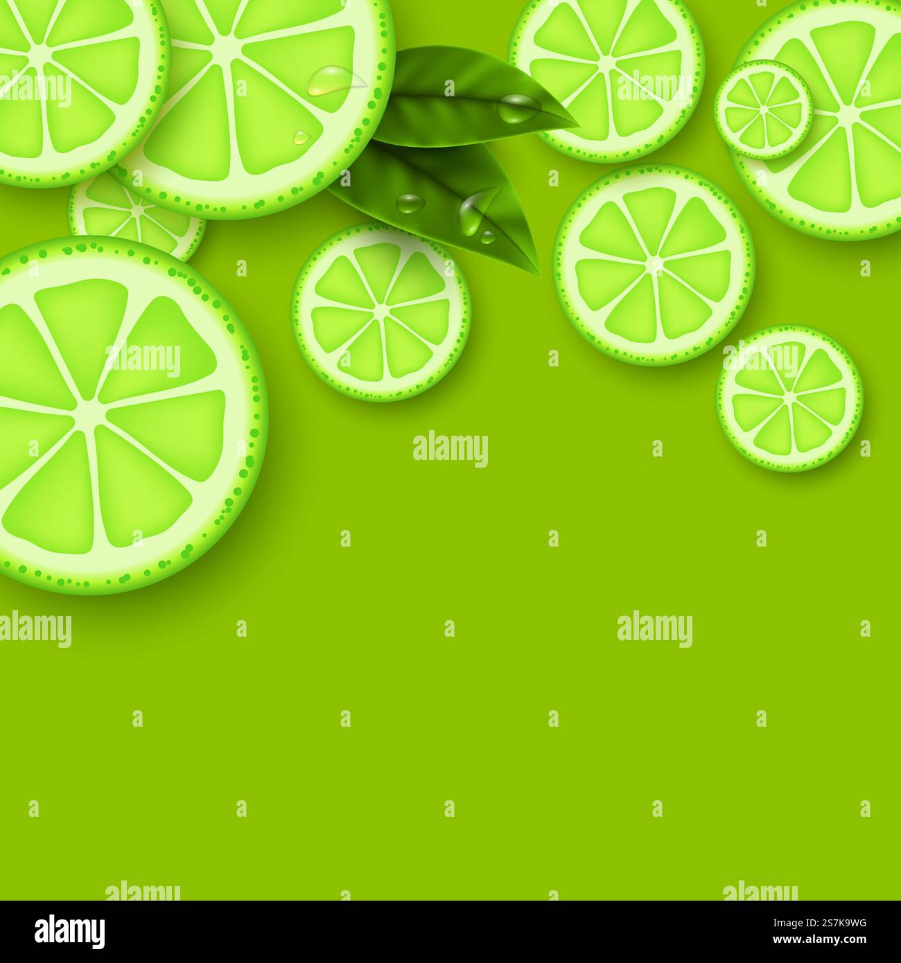 Lime green background. Sliced limes pieces with leaves and water drop ...