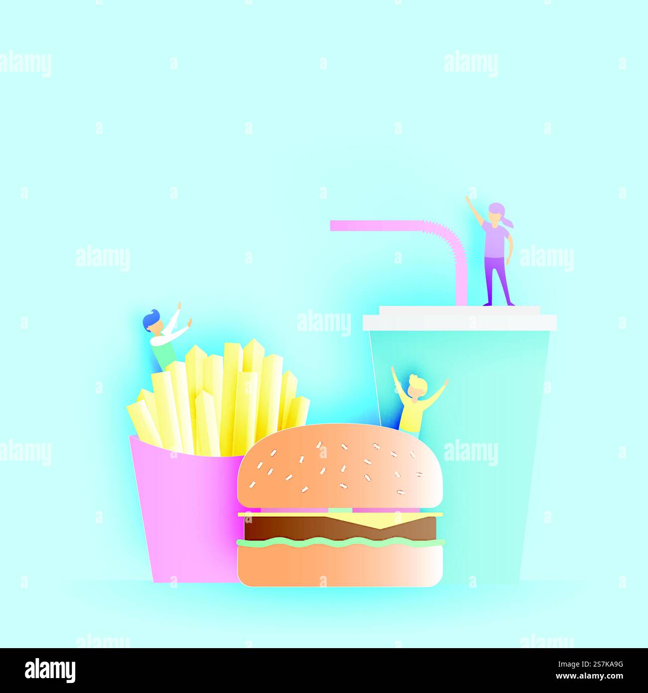 Fast food Hamburger and soft drink with french fries in paper art style ...