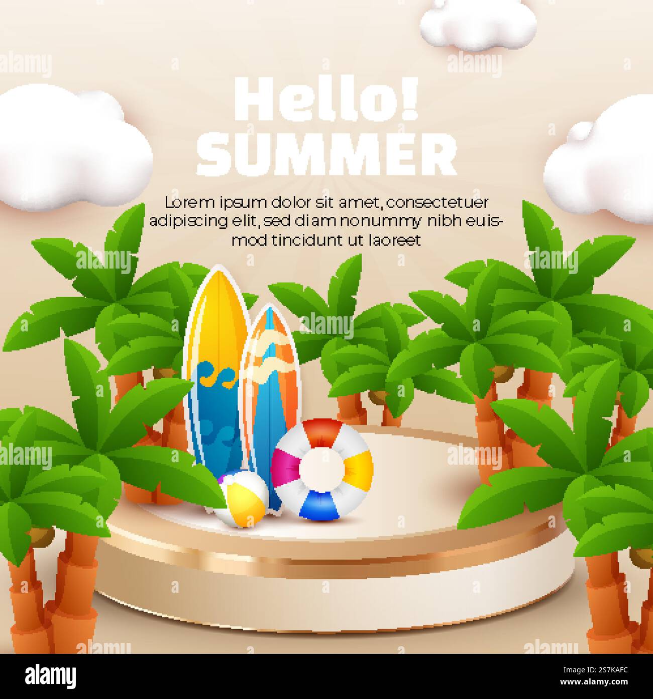 Hello Summer with 3d podium coconut tree and cloud for summer banner ...