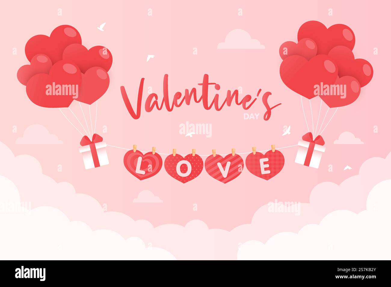Heart balloons tied to a gift box floating in the pink sky with a LOVE ...