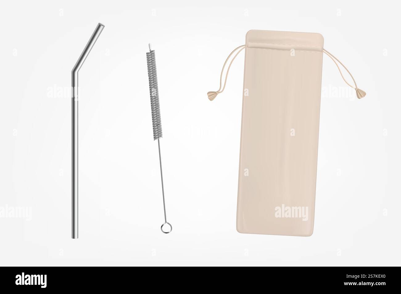 Metal, bendy drinking straw, steel cleaning brush and leather, fabric case, breathable pouch for reusable cocktail straw kit items carry 3d realistic vector objects set isolated on white background. Reusable drinking straw kit items realistic vector Stock Vector