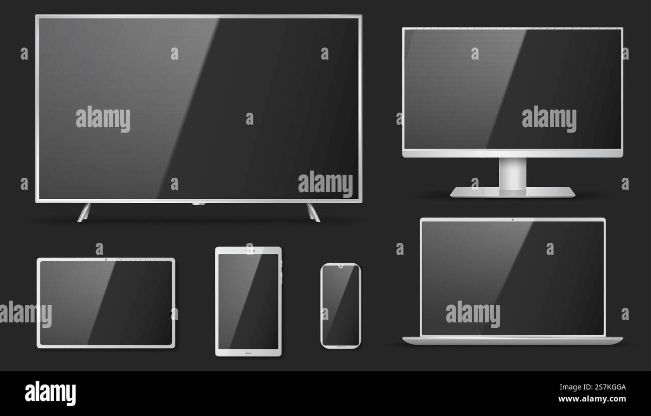 Set of realistic TV, lcd, led, computer monitor, laptop, tablet and ...