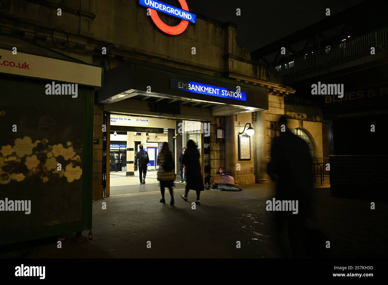 Entrance to Embankment Underground Station in London During Evening Hours Stock Photo