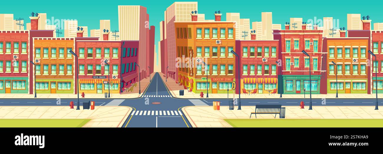 Old quarter street, city historical center district in modern metropolis cartoon vector. Roads crossing and crosswalks, cafe, restaurant, store showcases in retro architecture buildings illustration. Old quarter street in modern metropolis vector Stock Vector