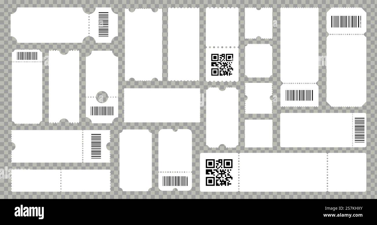 Concert movie theater ticket template. Empty lottery cardboard or paper coupons. Ribbed templates with barcode or qr code. Vector isolated set. Concert movie theater ticket template. Empty lottery cardboard coupons. Templates with barcode or qr code. Vector isolated set Stock Vector