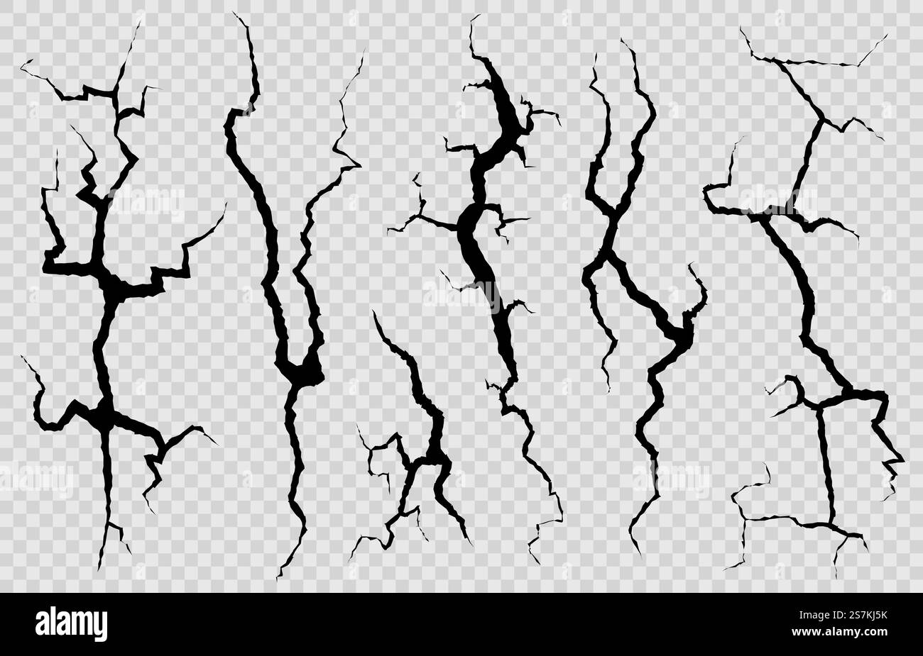 Wall cracks. Surface fracture structure, cleft broken dry lining wall or destroyed cracked glass, earthquake destruction vector cracking isolated abstract set. Wall cracks. Surface fracture structure, cleft broken dry lining wall or destroyed cracked glass, earthquake destruction vector set Stock Vector