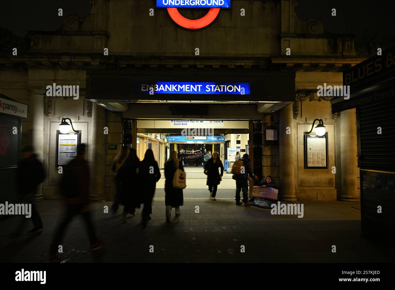Entrance to Embankment Underground Station in London During Evening Hours Stock Photo