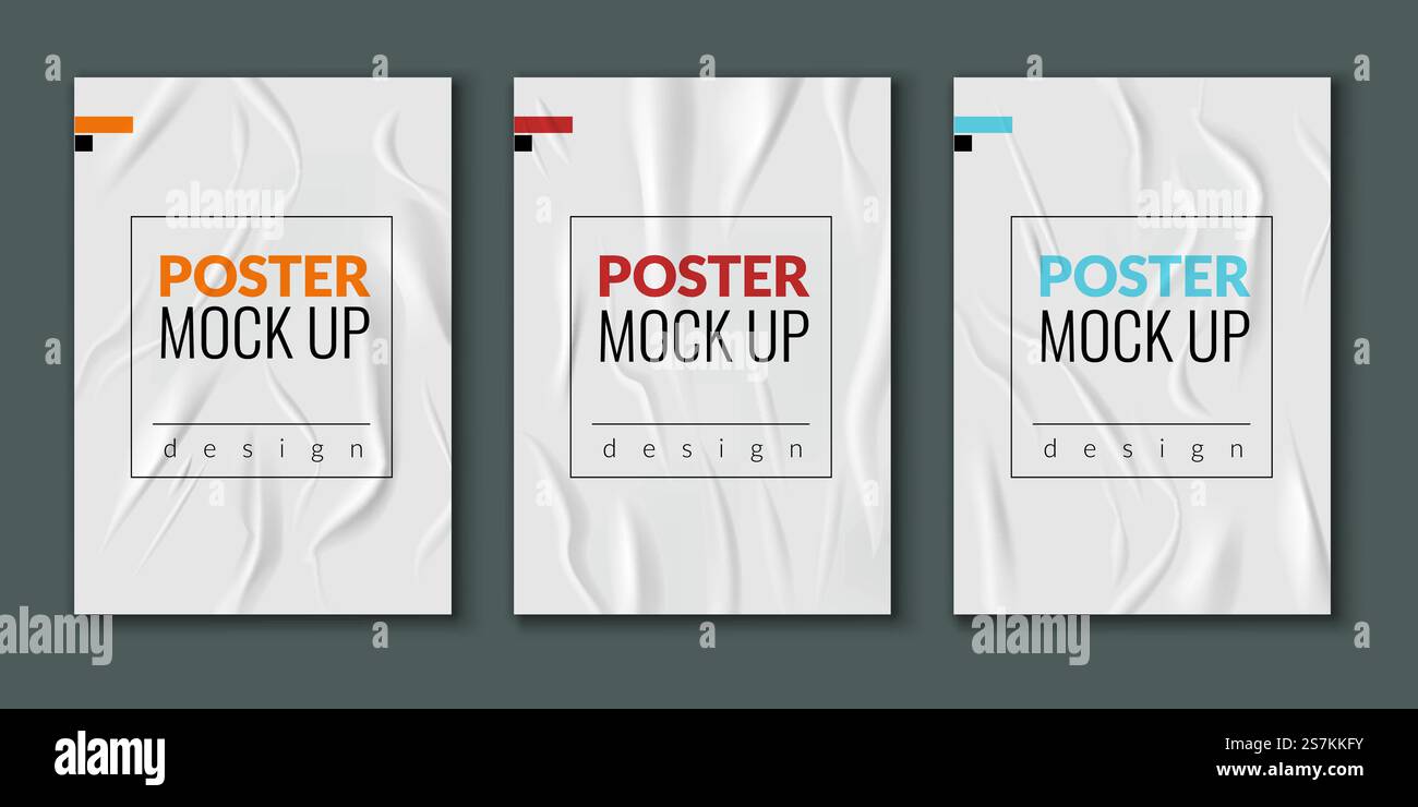 Wrinkled wet posters. Realistic wet creased paper sheets with text ...