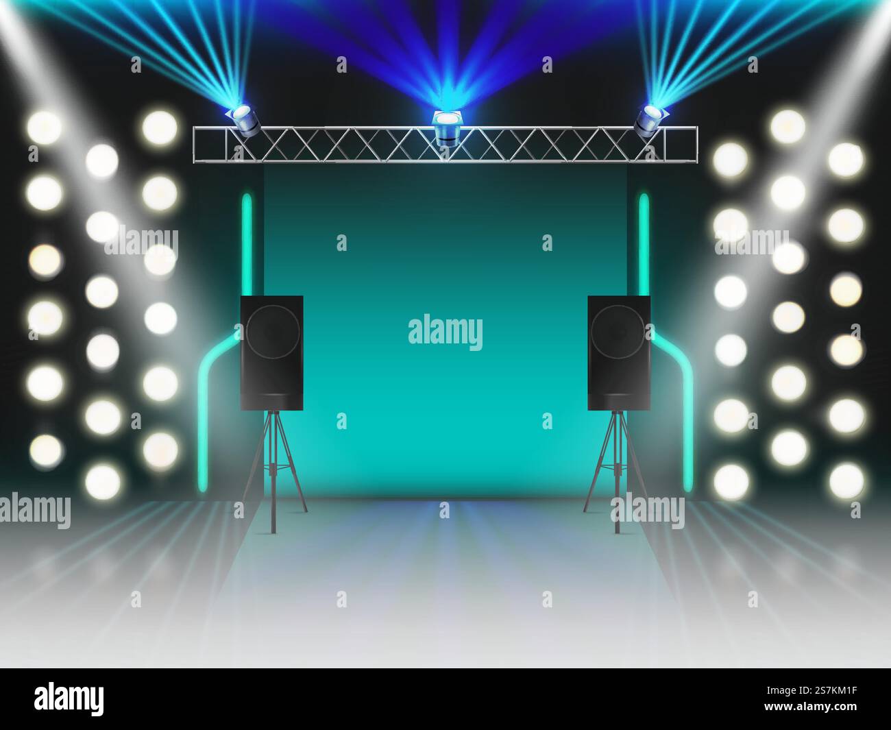 Stage with illumination and dynamics sound equipment. Empty scene with glowing studio light effects, spotlights, laser neon rays, steel rack for lamps, loud speakers. 3d Realistic vector illustration. Empty stage with illumination and dynamics, scene Stock Vector