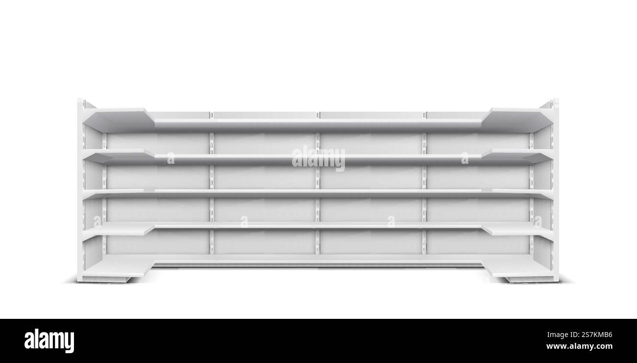 Store showcase long rack with empty shelves for products and goods ...