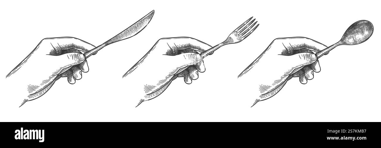 Engraved hands holding cutlery. Hold in hand table knife, spoon and fork for eating food hand drawn vector illustration set. Tableware usage rules concept. Etiquette manners for eating food. Engraved hands holding cutlery. Hold in hand table knife, spoon and fork for eating food hand drawn vector illustration set Stock Vector