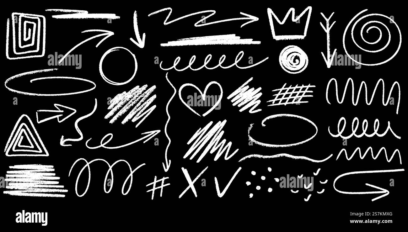 Grunge chalk hand drawn elements set. Simple pencil doodle on chalkboard school board. Arrow, spiral, line, highlighter, circle and other scribbled Stock Vector
