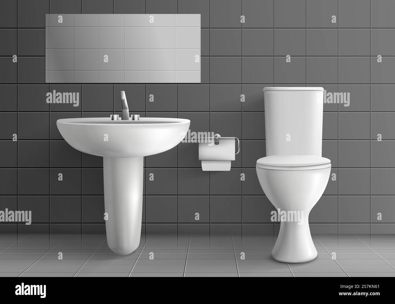 Modern toilet room interior 3d realistic vector mockup. White ceramic ...