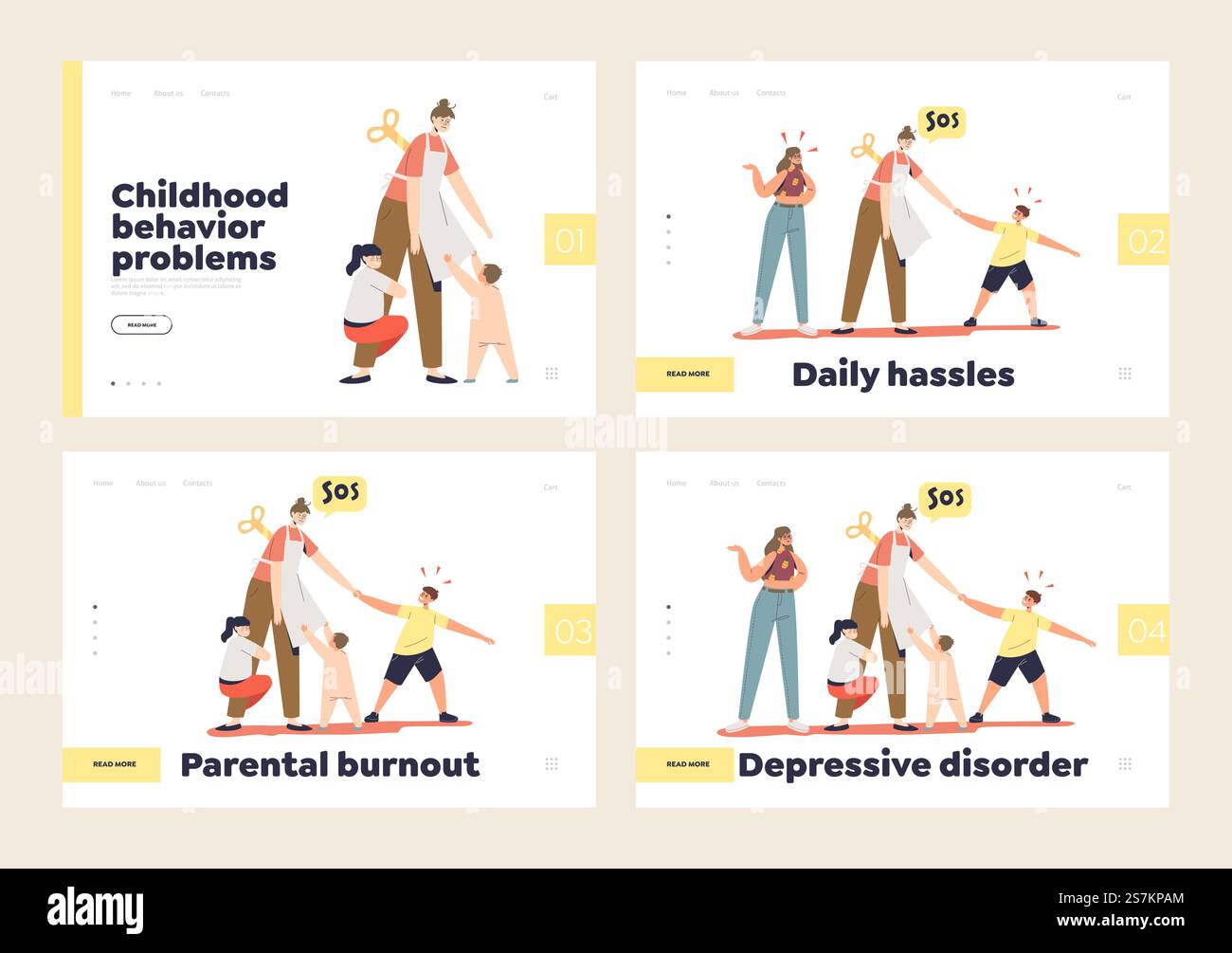 Tired parents burnout, depression and disorder concept of set of ...