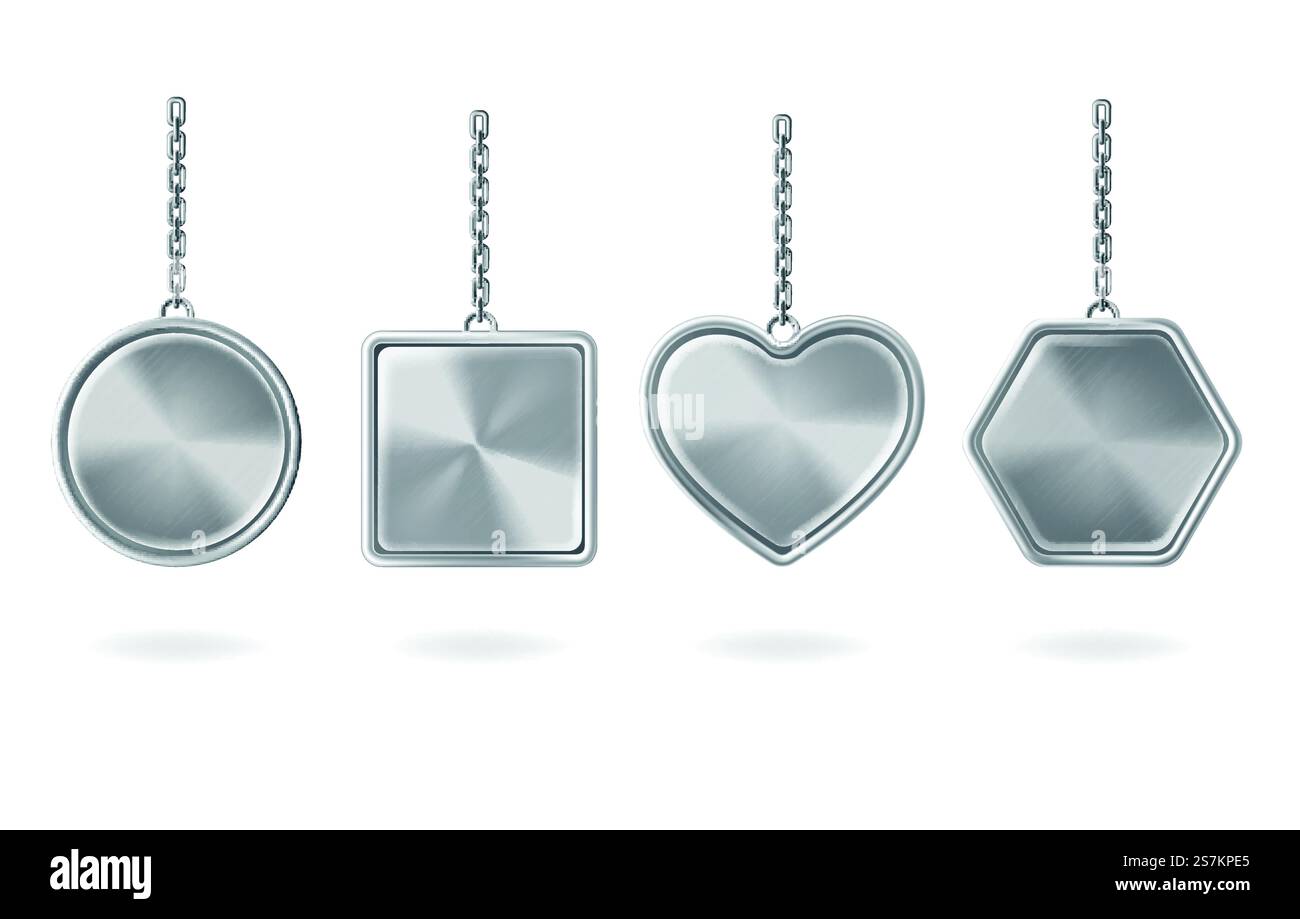 Keychains set. Metal round, square, heart and hexagon shaped keyring ...
