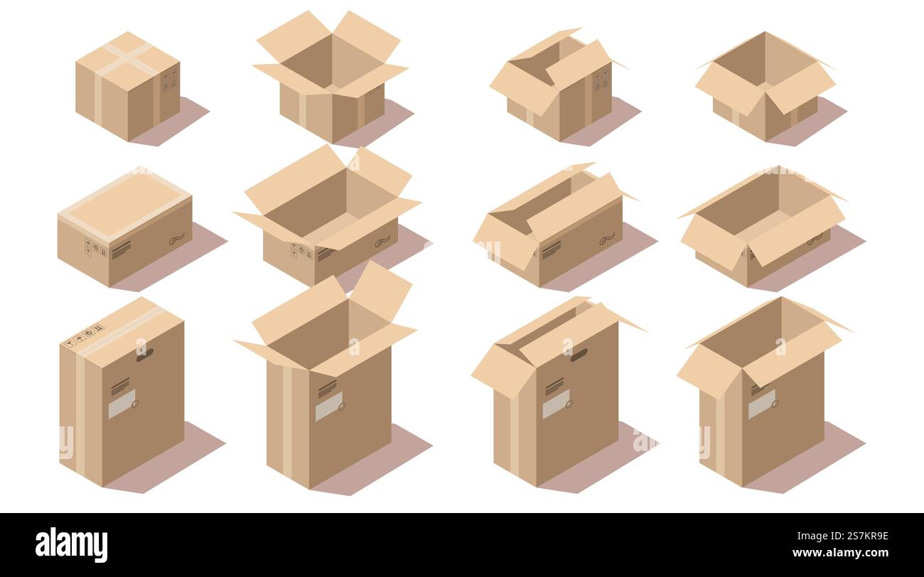 Isometric brown cardboard delivery package boxes open and closed ...