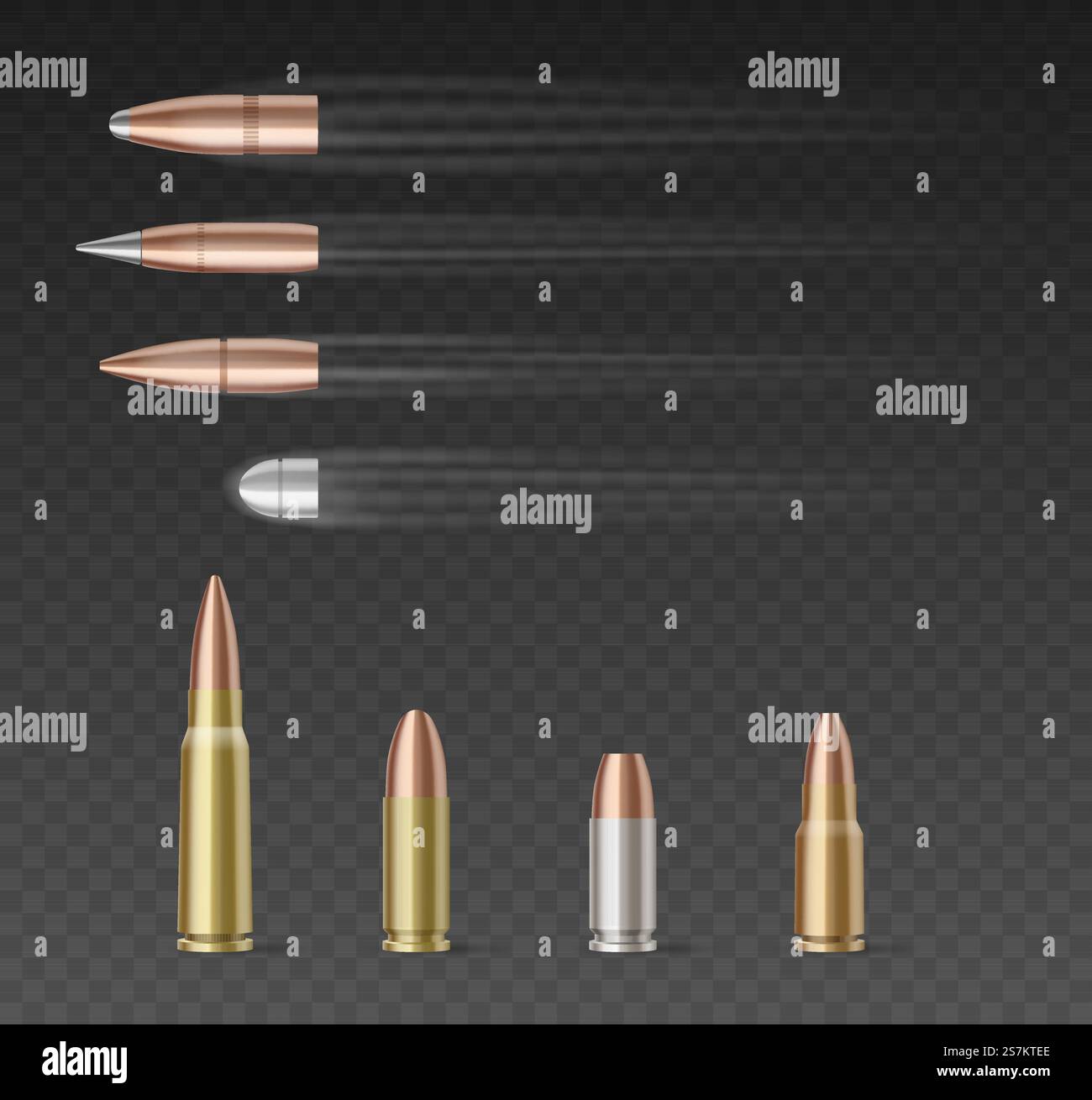 Set of bullets of different caliber over transparent background. 3d ...