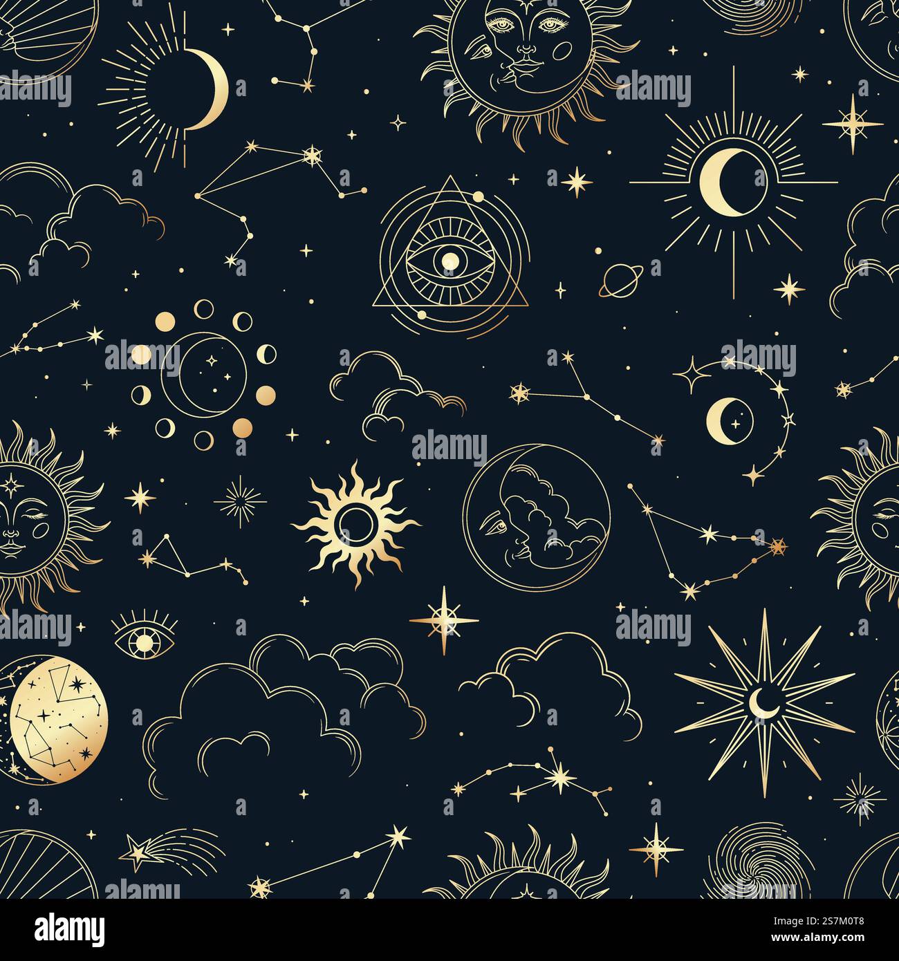Vector magic seamless pattern with constellations, sun, moon, magic ...