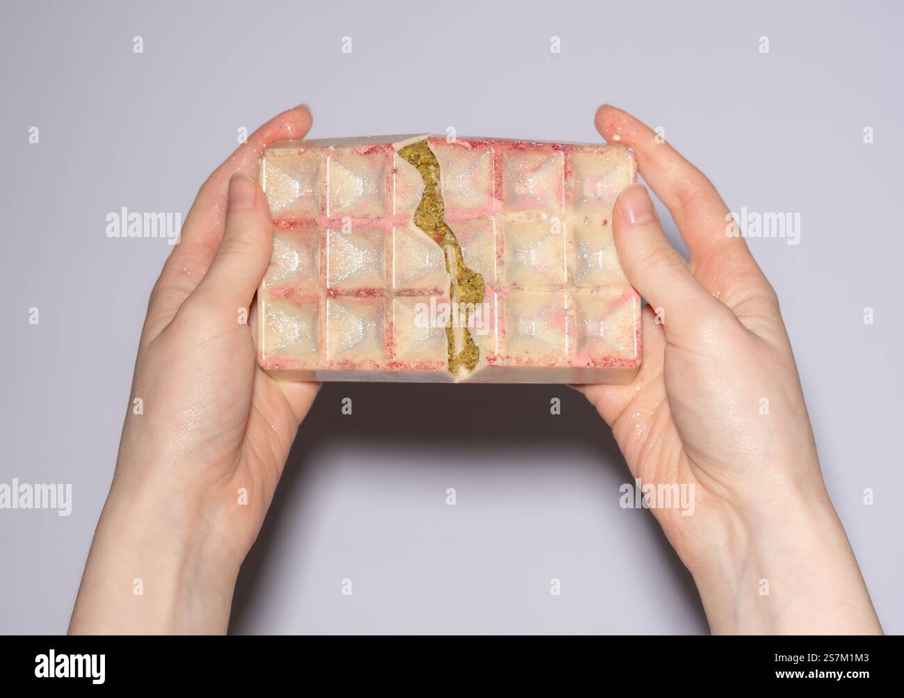Famous white Dubai chocolate with pistachio, dried raspberry, tahini ...