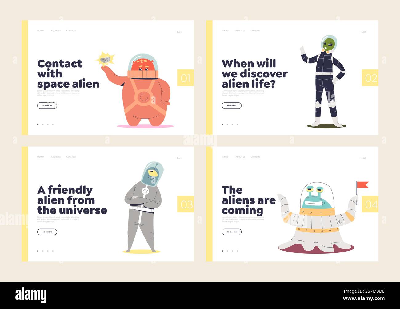 Set of landing pages for aliens and life in space concept with cute ...