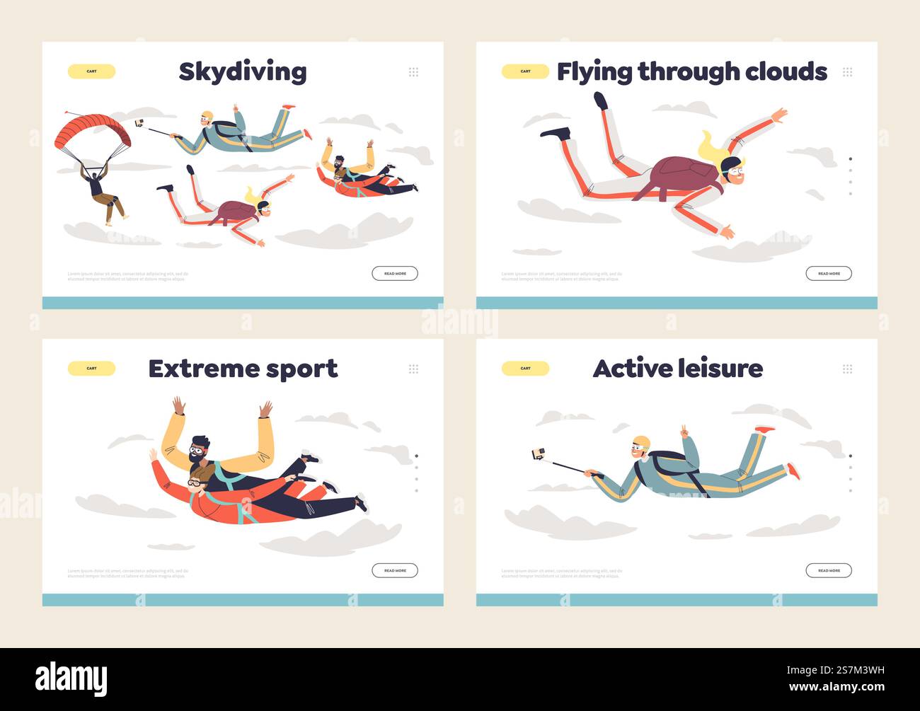 People skydiving with parachutes template landing pages set ...