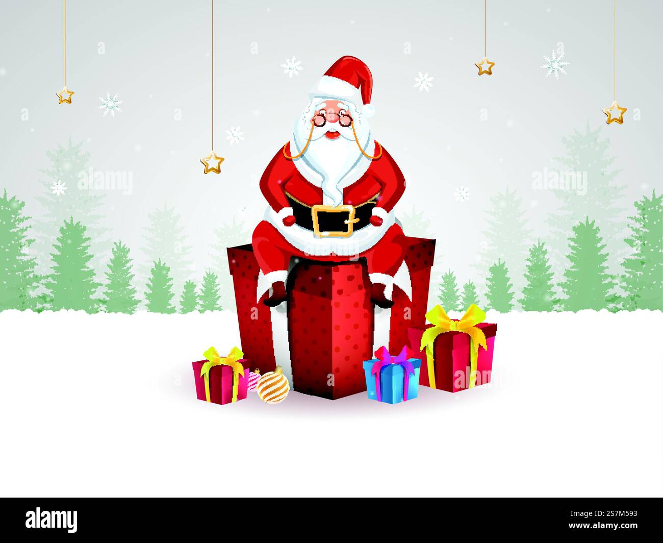 Illustration Of Santa Claus Sitting On 3D Gift Boxes With Baubles And ...