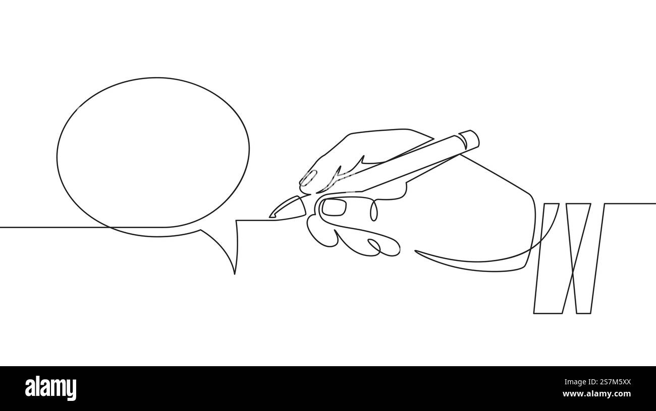 Hand with pen drawing speech bubbles. Sketch hand draws empty think ...