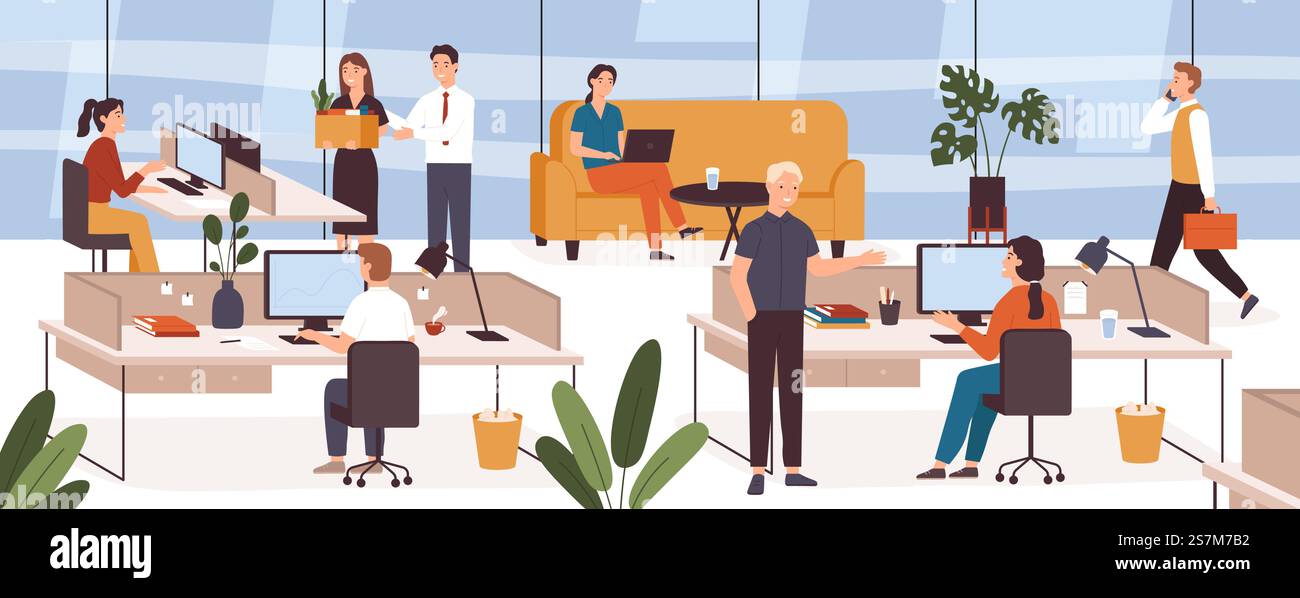 Busy people in office. Company modern workplace interior with employees ...