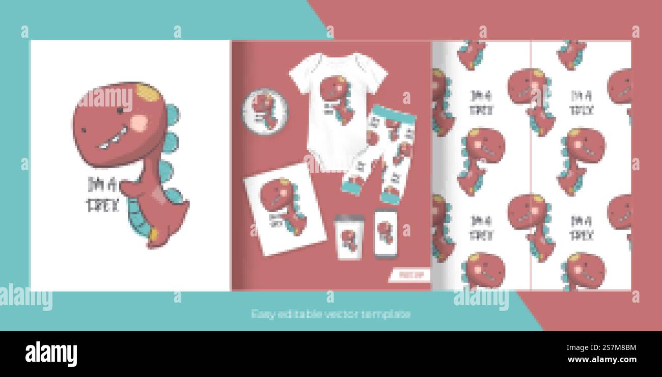 cute dino for merch and seamless pattern Stock Vector
