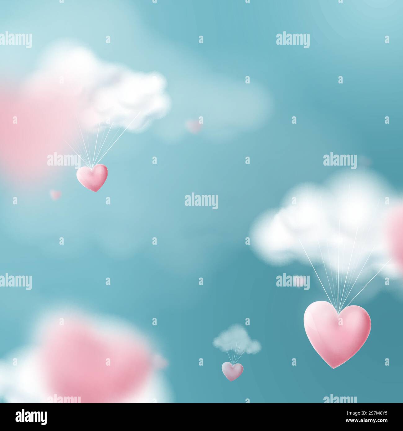 Valentines day with heart balloons flying and clouds. Vector ...