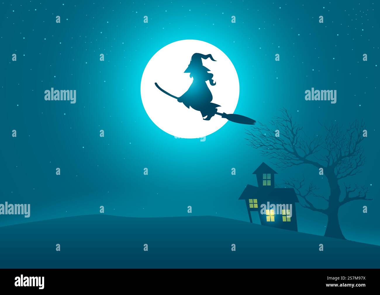 Witch riding a broomstick flying on scary house and tree with full moon ...