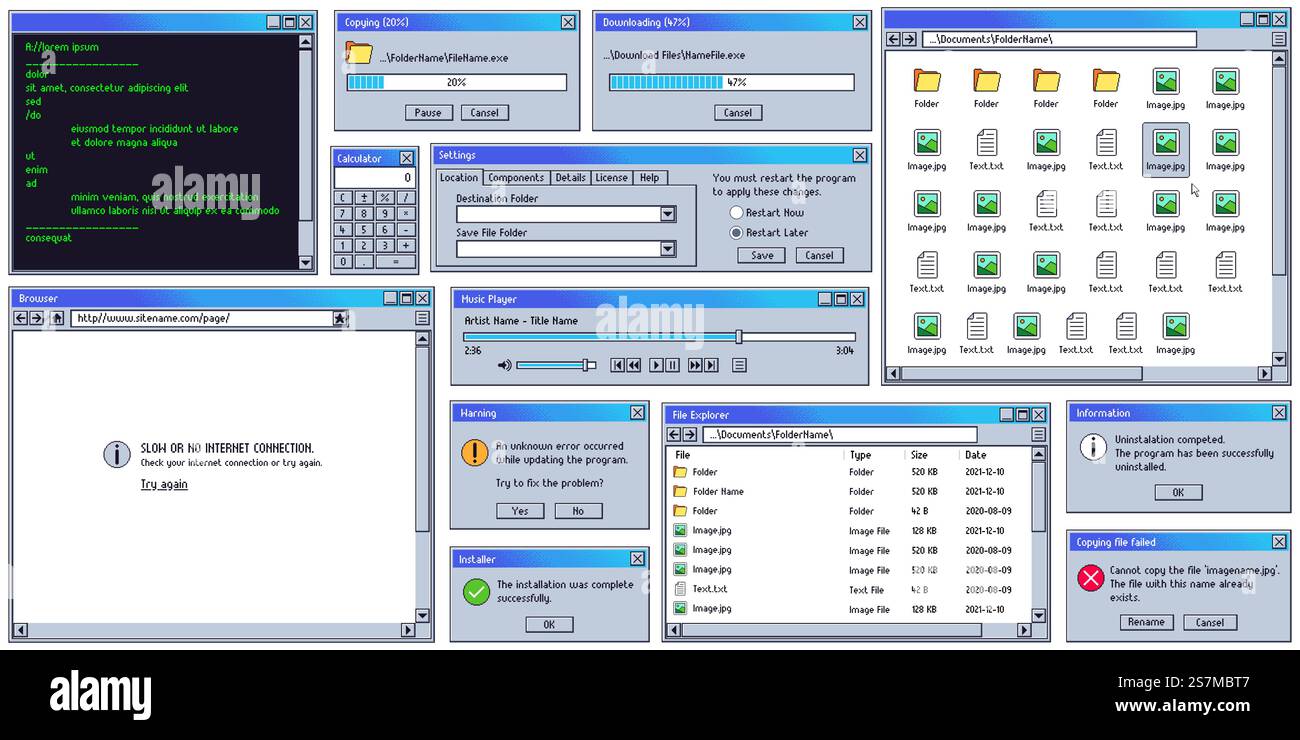 Retro user interface. Retro UI copying, downloading box. Warning ...