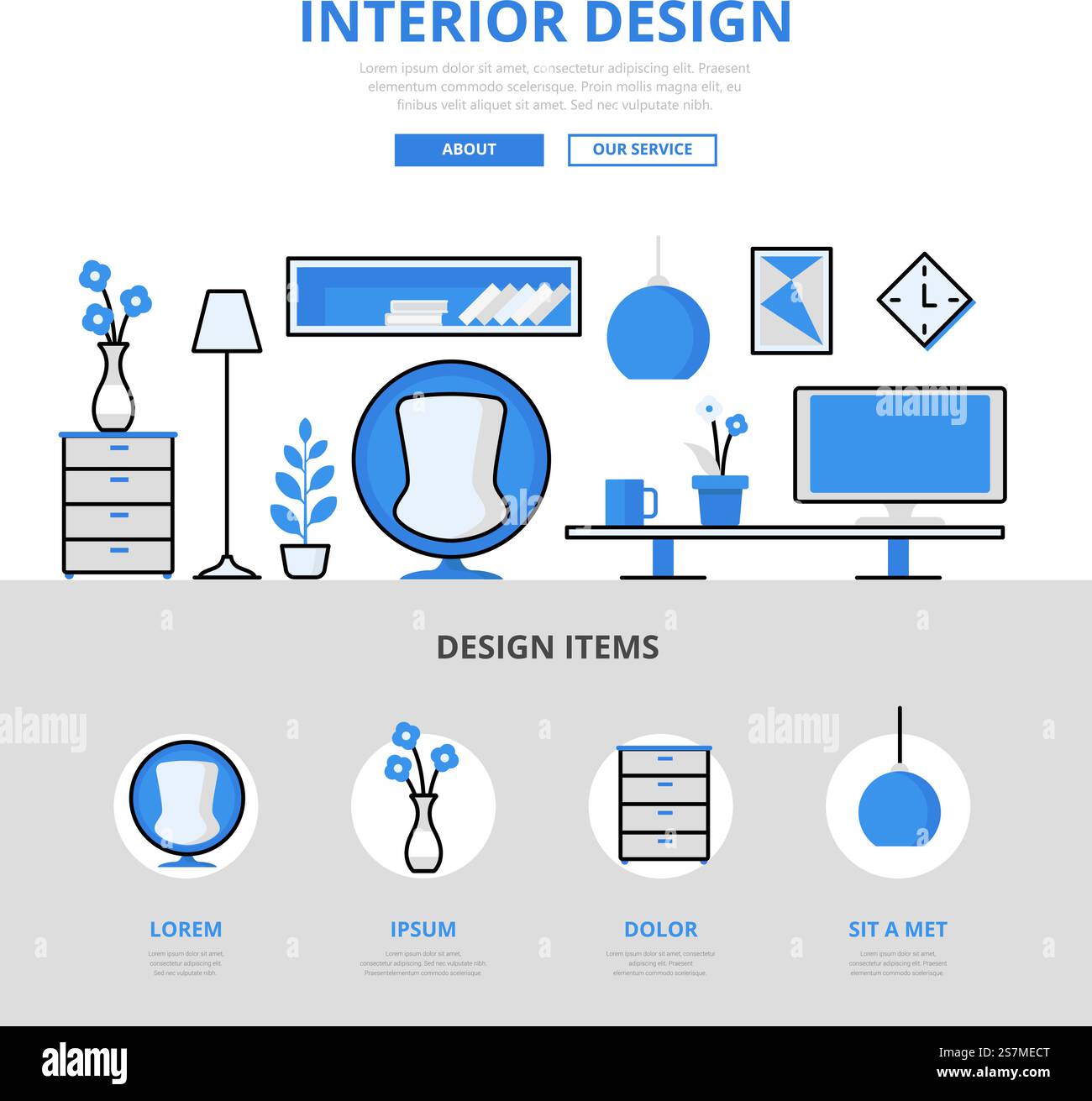 Interior design studio room indoor furniture concept flat line art ...