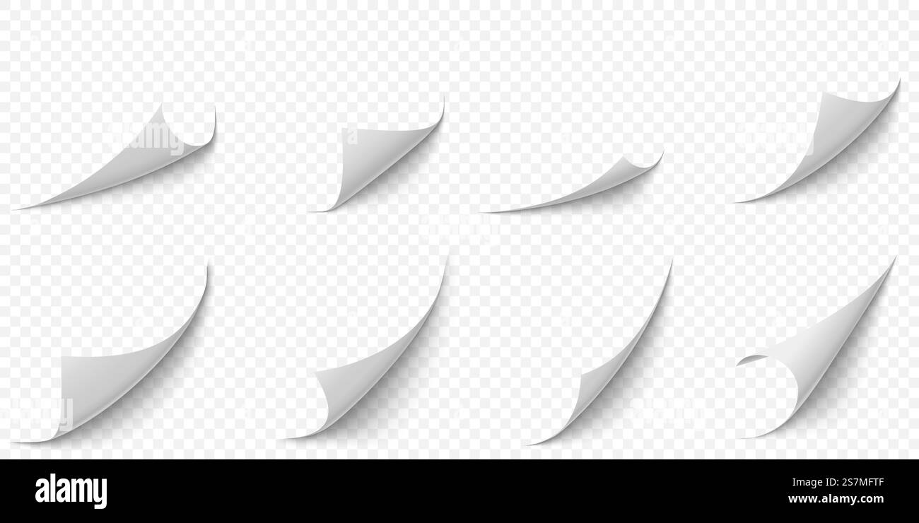 Curled paper corners. Curve page corner, pages edge curl and bent ...